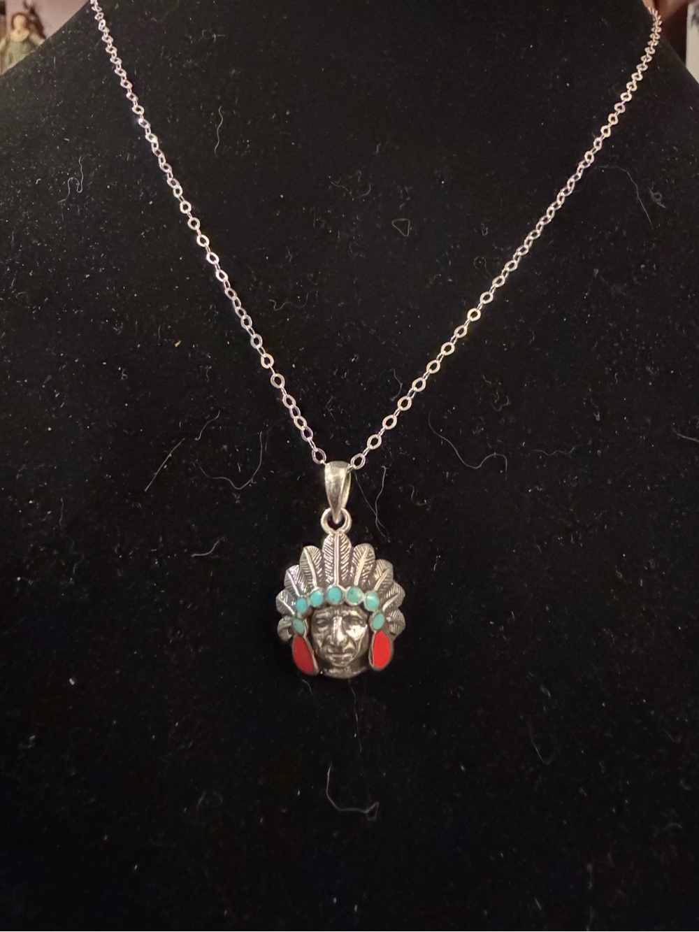 Indian Chief Head Necklace Pendant 18” Chain Sterling Silver 925 Turquoise